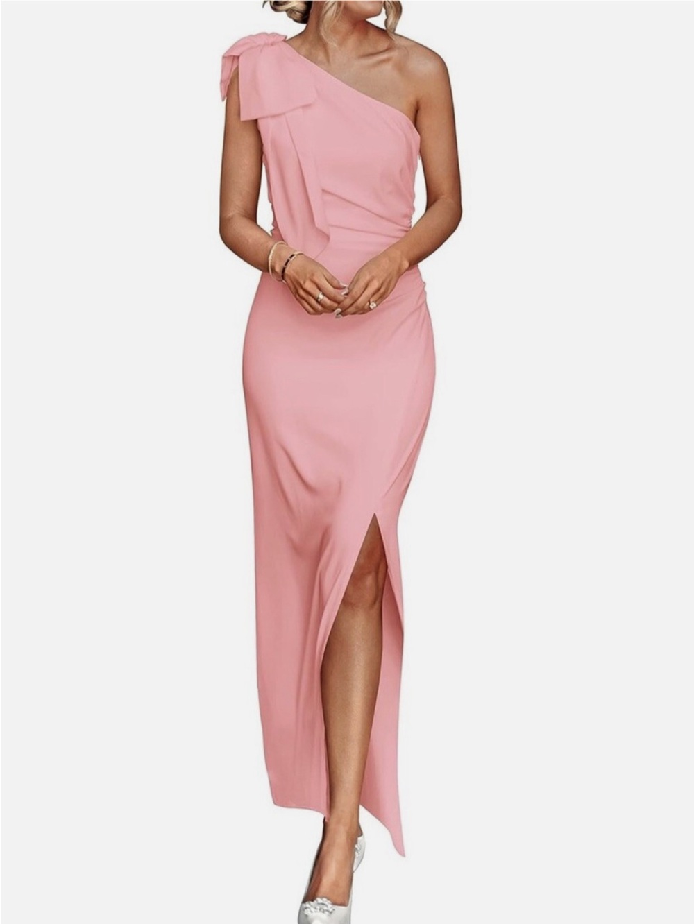 Pretty Garden One Shoulder Pink Thigh Split Maxi Dress Size XL